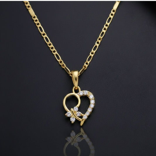 22CT Gold Plated Silver 92.5 Purity Heart Pendant with Figaro Chain 18 Inches for Women by Akshat Sapphire PSF0507_Gold