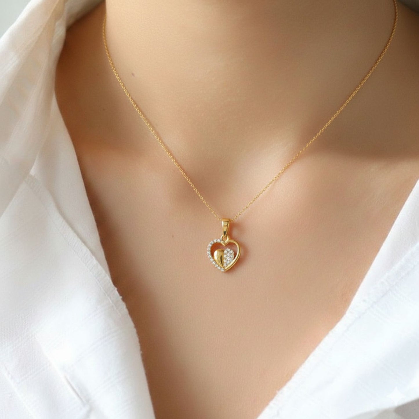 22CT Gold Plated Silver 92.5 Purity Heart Pendant with Anchor Chain 18 Inches for Women by Akshat Sapphire PSA0509_Gold