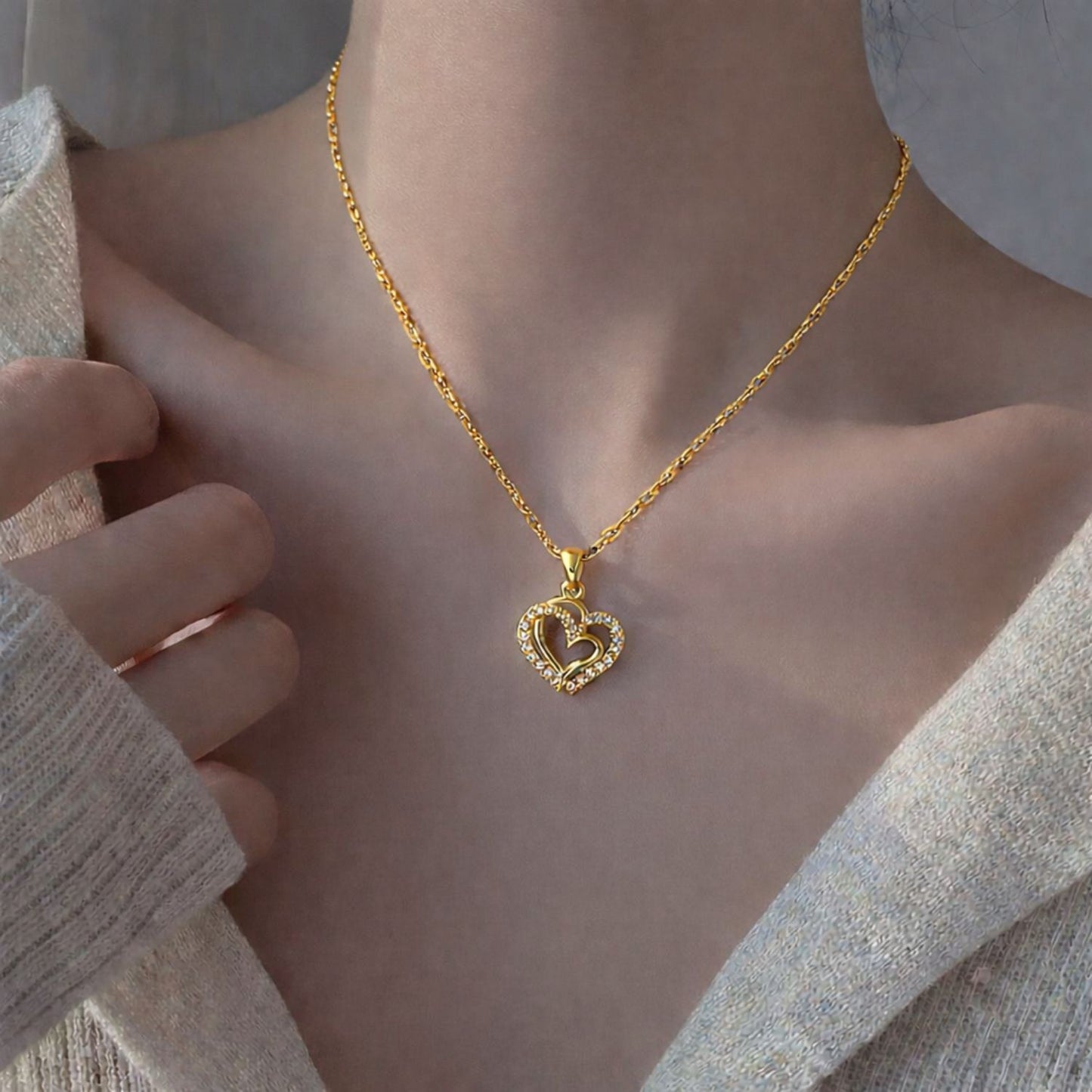 22CT Gold Plated Silver 92.5 Purity Heart Pendant with Anchor Chain 18 Inches for Women by Akshat Sapphire PSA0506_Gold