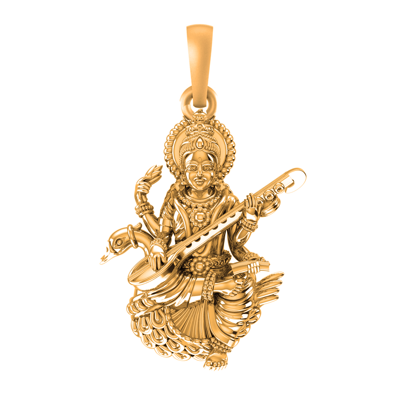 22 CT Gold Plated Silver (92.5% purity) Goddess Maa Saraswati (Big Size) Pendant for Men and Women